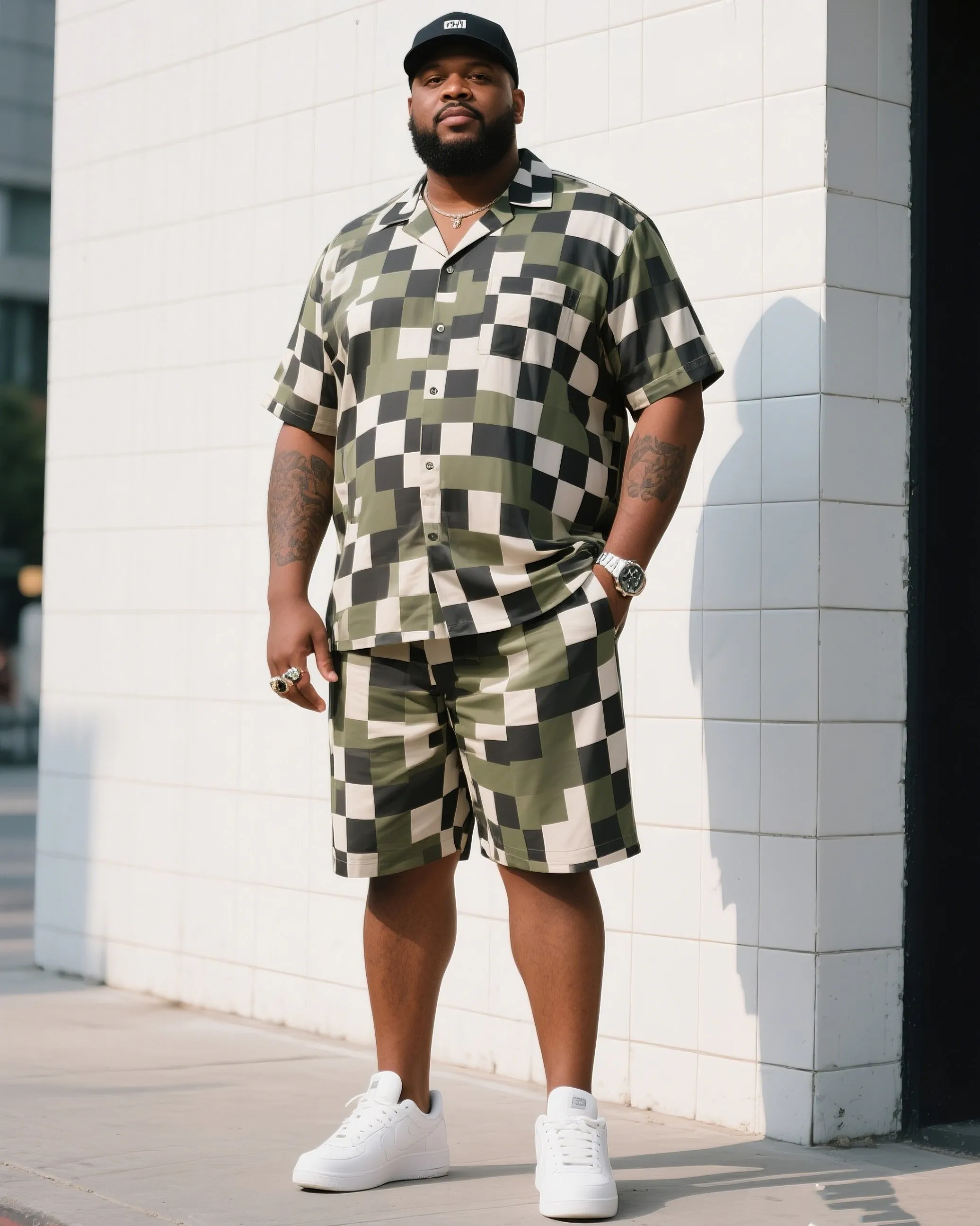Big Man's Daily Leisure Outdoor Activities High Sense Creative Checkered Camouflage Short Sleeve Shirt Shorts Suit sold by Biggmans