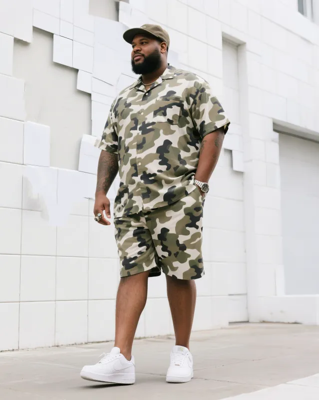 Big Men's Daily Casual Camouflage Short Sleeve Shirt Shorts Suit sold by Biggmans