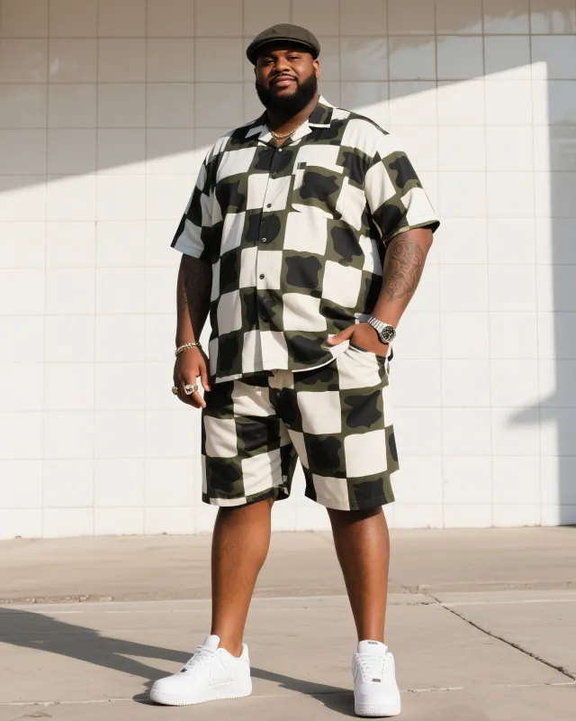 Big Man's Daily Casual Checkerboard Square Creative Camouflage Short Sleeve Shirt Shorts Suit sold by Biggmans