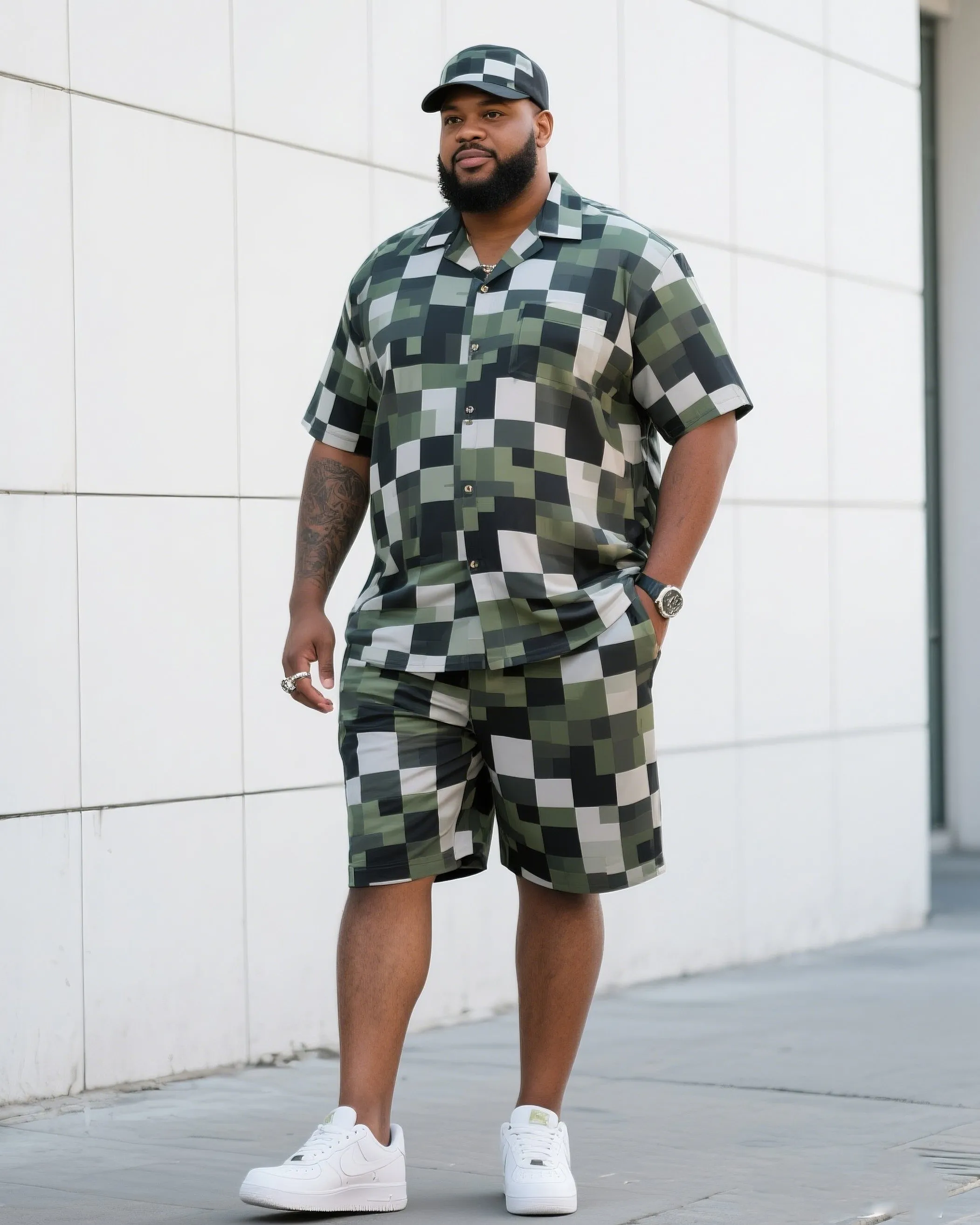 Big Man's Daily Leisure Outdoor Activities High Creative Checkered Camouflage Short Sleeve Shirt Shorts Suit sold by Biggmans
