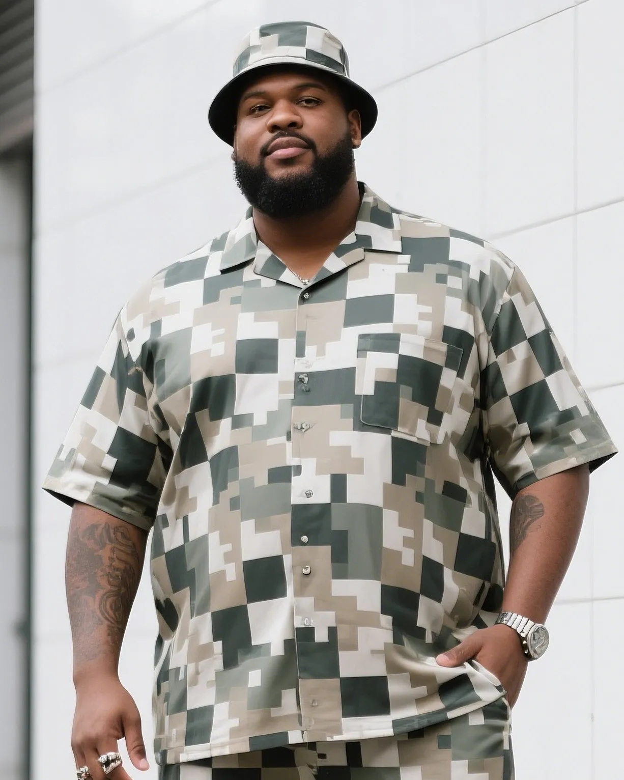 Big Man's Daily Leisure Outdoor Activities Design Creative Checkered Camouflage Short Sleeve Shirt Shorts Suit sold by Biggmans product image thumbnail 5