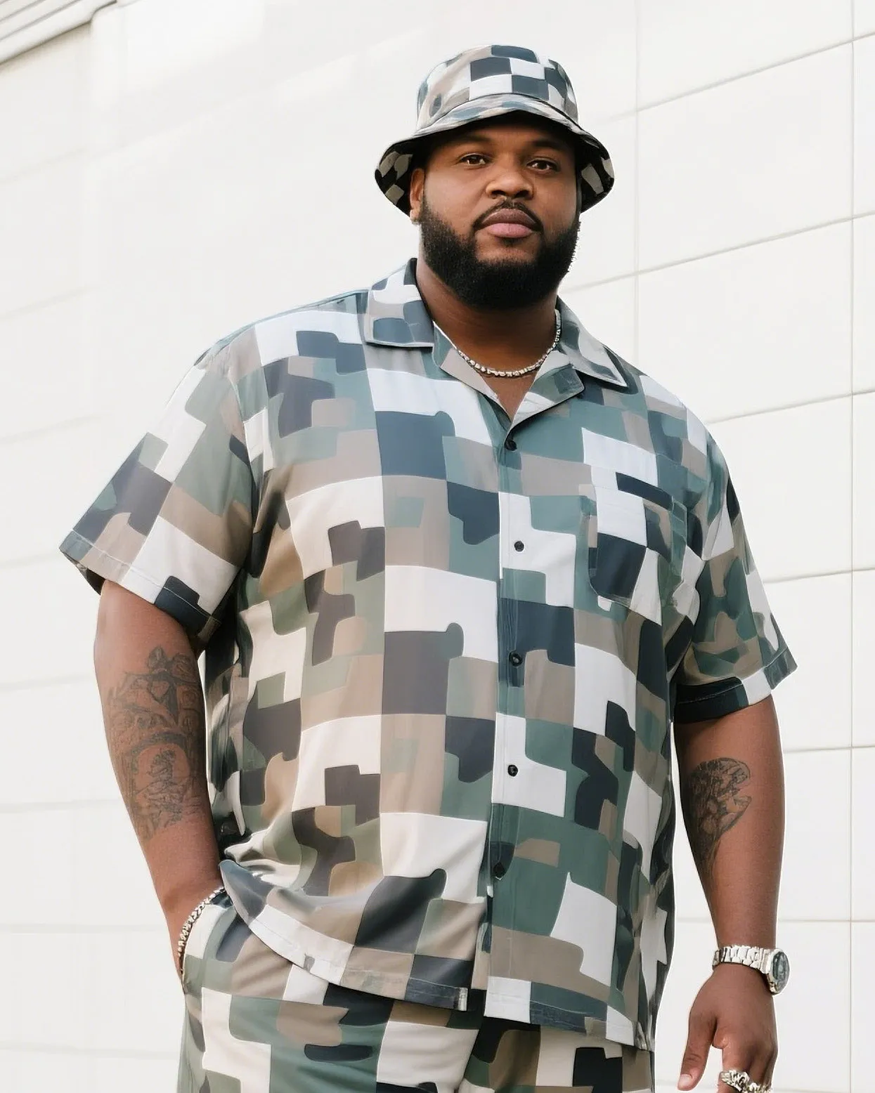 Big Man's Daily Leisure Outdoor Activities Design Creative Checkered Camouflage Short Sleeve Shirt Shorts Suit sold by Biggmans product image thumbnail 2