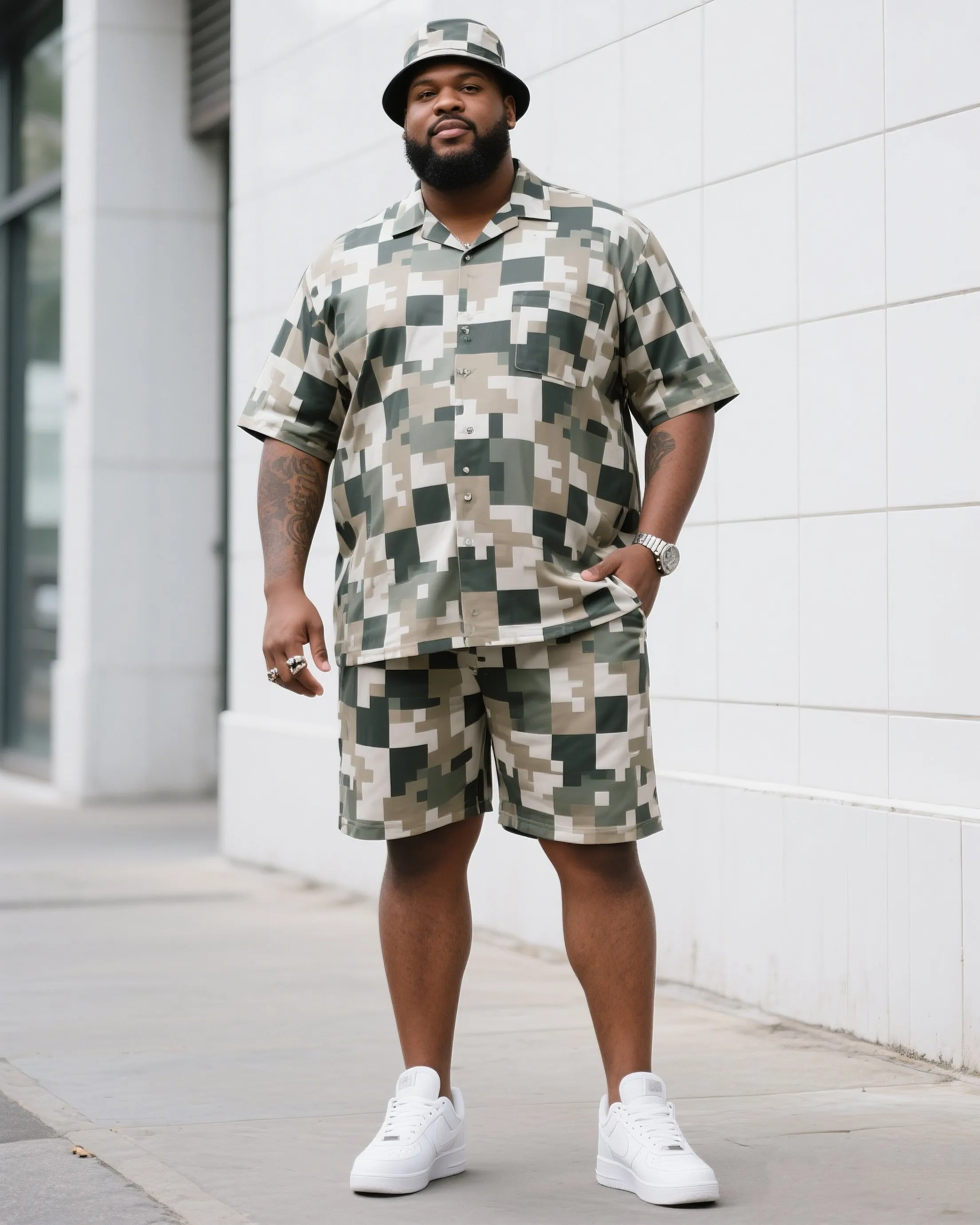 Big Man's Daily Leisure Outdoor Activities Design Creative Checkered Camouflage Short Sleeve Shirt Shorts Suit sold by Biggmans product image thumbnail 4