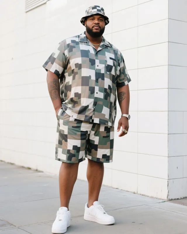 Big Man's Daily Leisure Outdoor Activities Design Creative Checkered Camouflage Short Sleeve Shirt Shorts Suit sold by Biggmans