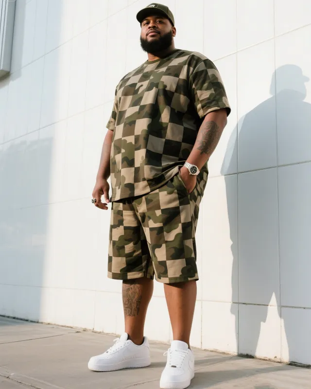 Big Man's Daily Leisure Outdoor Activities Creative Checkered Camouflage Short Sleeve Shirt Shorts Suit sold by Biggmans