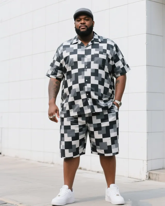 Big Man's Daily Leisure Outdoor Activities Black And White Gray Creative Checkered Camouflage Short Sleeve Shirt Shorts Suit sold by Biggmans