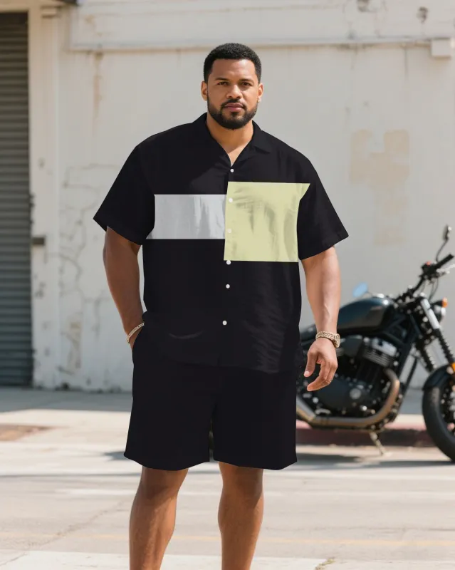 Men's Plus Size Black & Grey & Apricot Colorblock Casual Short-sleeved Shirt Shorts Suit sold by Biggmans