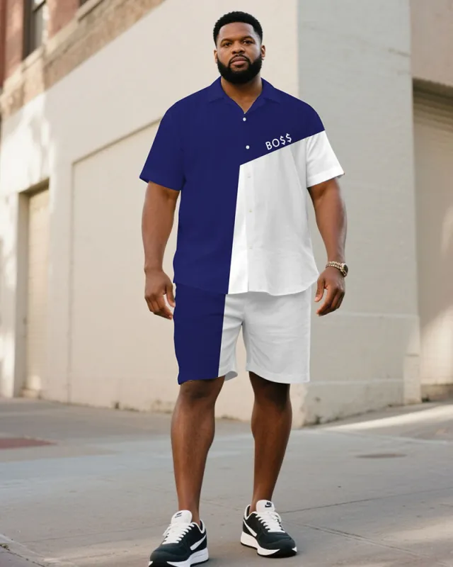 Men's Plus Size Blue & White Irregular Stitching Chest Small Label Printed Short Sleeve Shirt Shorts Suit sold by Biggmans