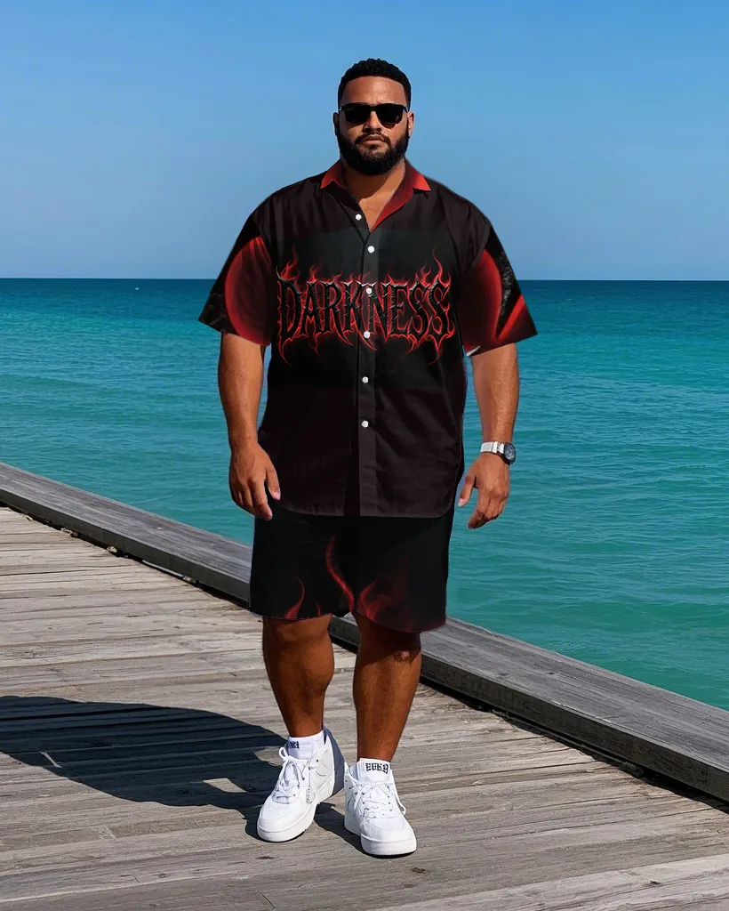 Big Men's DARKNESS Lettering Fire Effect Streetwear Short-Sleeve Shirt and Shorts Set sold by Biggmans