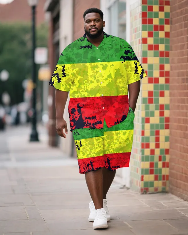 Men's Plus Size Juneteenth Colorblock Printed Shirt Shorts Suit sold by Biggmans