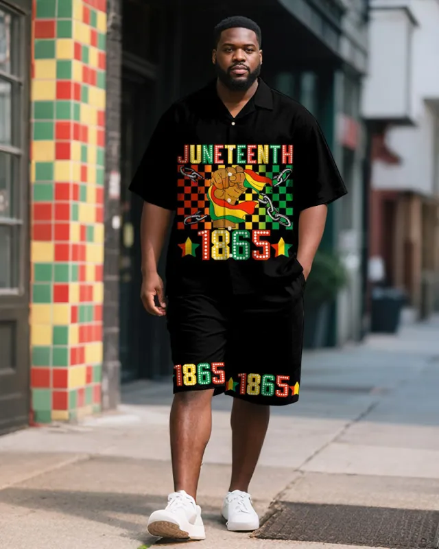 Men's Plus Size Juneteenth Fist 1865 Letter Print Shirt Shorts Suit sold by Biggmans