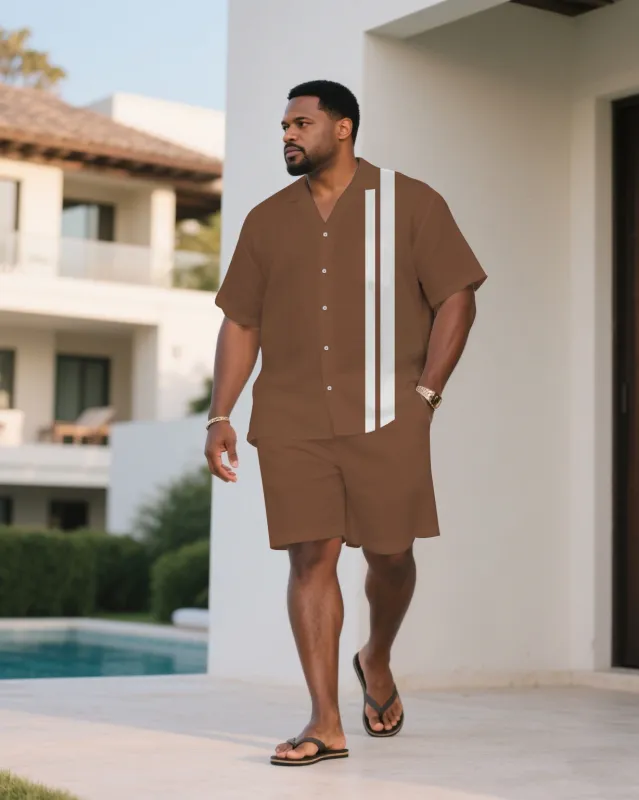 Men's Plus Size Khaki Brown & White Vertical Stripe Colorblock Fashion Short Sleeve Shirt Shorts Suit sold by Biggmans