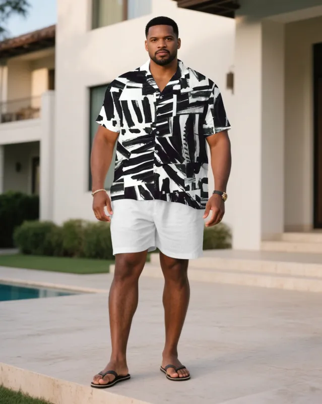 Men's Plus Size White Brush Graffiti Art Short Sleeve Shirt Shorts Suit made by Biggmans