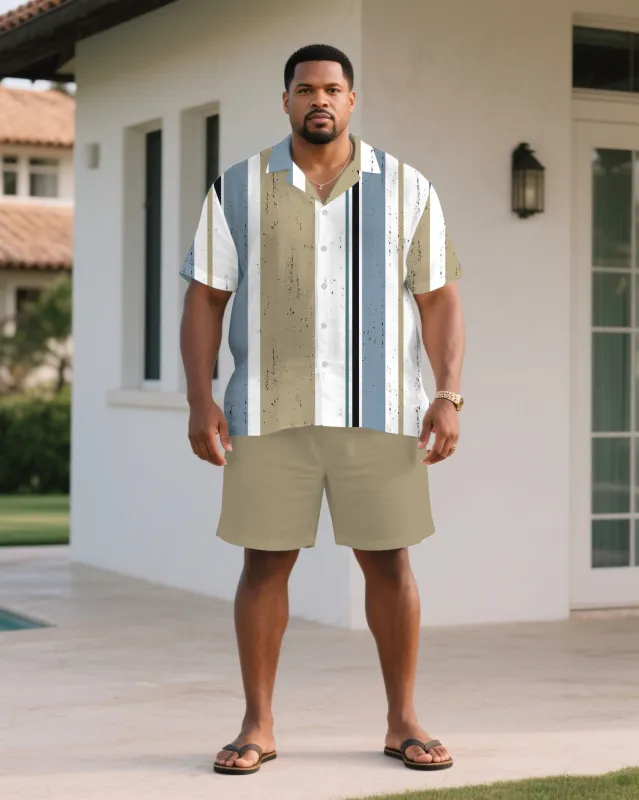 Men's Plus Size Khaki & Blue Skinny Print Short Sleeve Shirt Shorts Suit sold by Biggmans