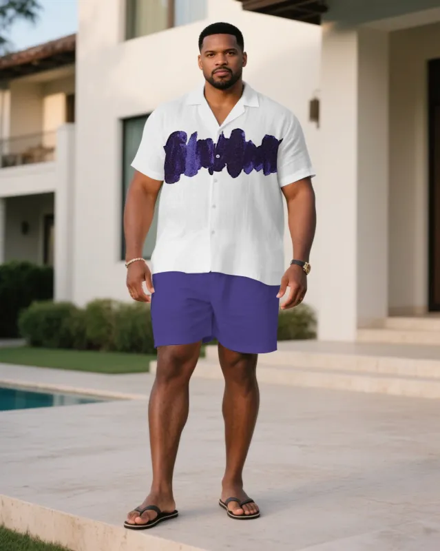 Men's Plus Size White & Purple Wave Short Sleeve Shirt Shorts Suit sold by Biggmans