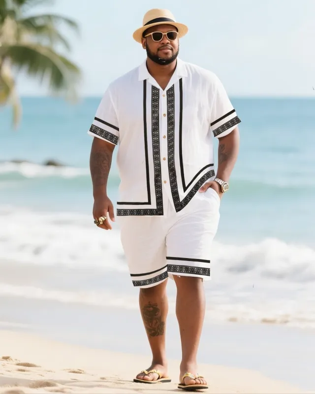 Big Men's Vacation Casual Bohemian Style Black Double Striped Edge Textured White Short Sleeve Shirt Shorts Suit sold by Biggmans
