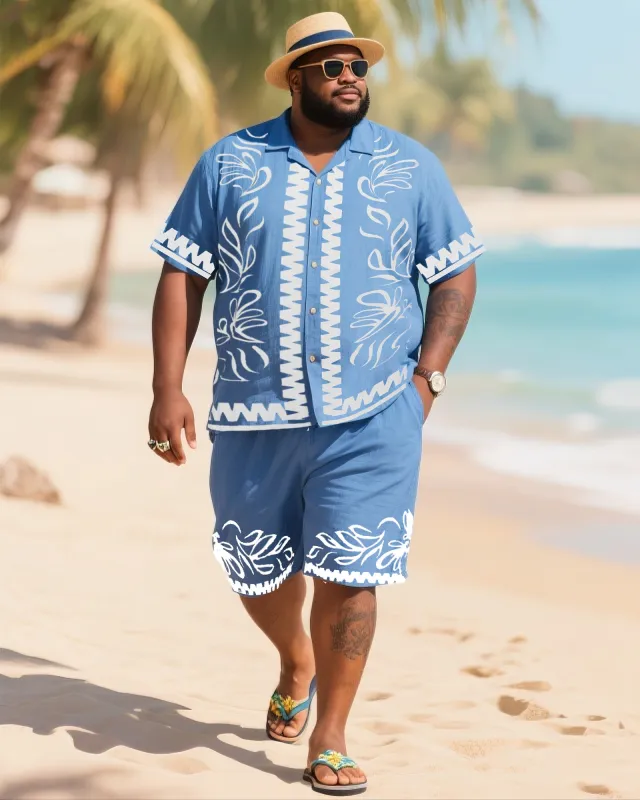 Big Men's Vacation Casual Bohemian Style White Vintage Striped Edge Textured Print Blue Short Sleeve Shirt Shorts Suit sold by Biggmans