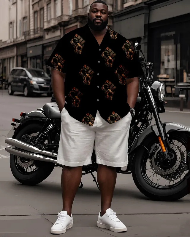 Big Man's Street Biker Juneteenth Fist Print Black Short Sleeve Shirt White Shorts Suit sold by Biggmans