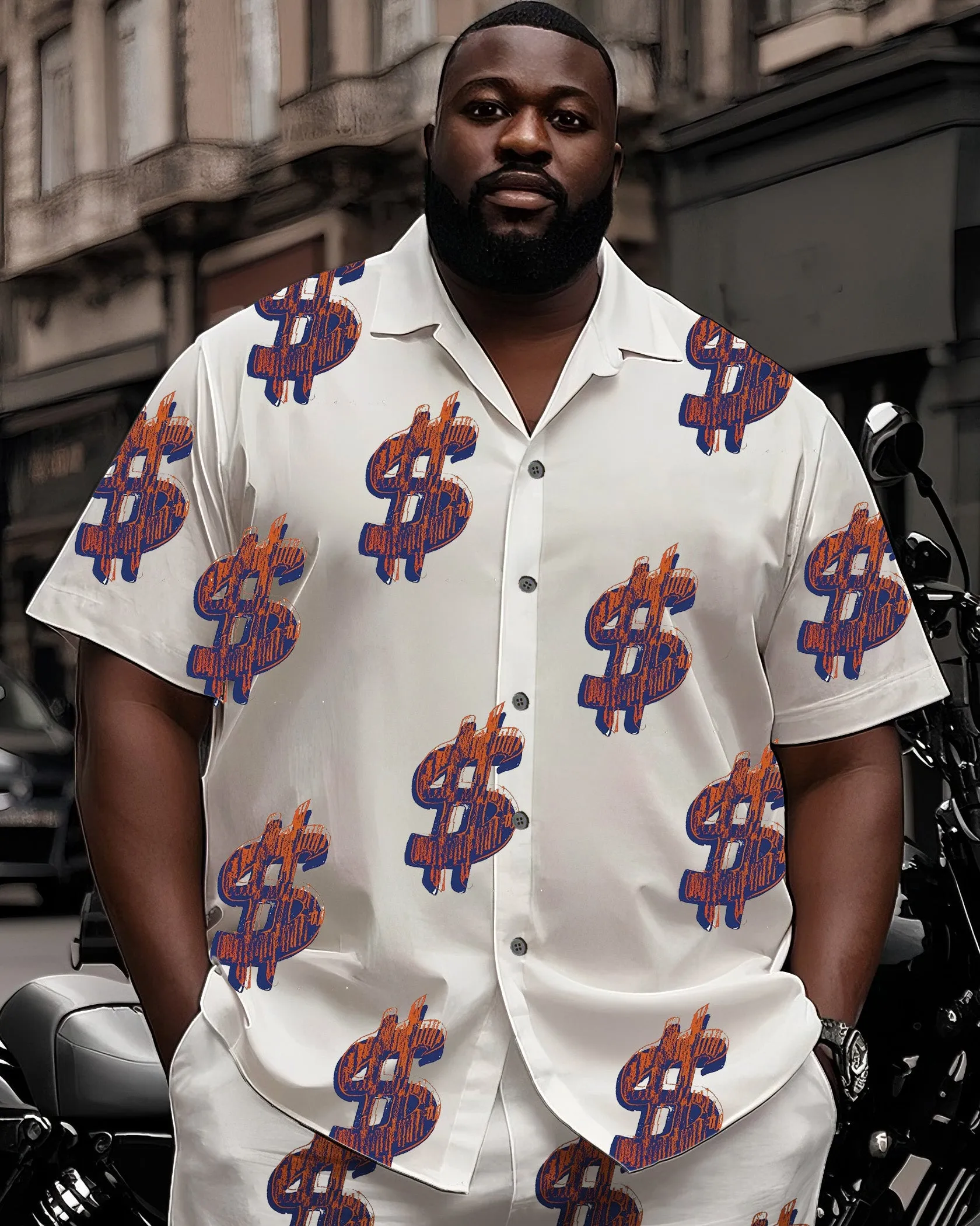 Big Man's Street Motorcycle Style Purple Creative Dollar Print White Short Sleeve Shirt Shorts Suit sold by Biggmans product image thumbnail 2
