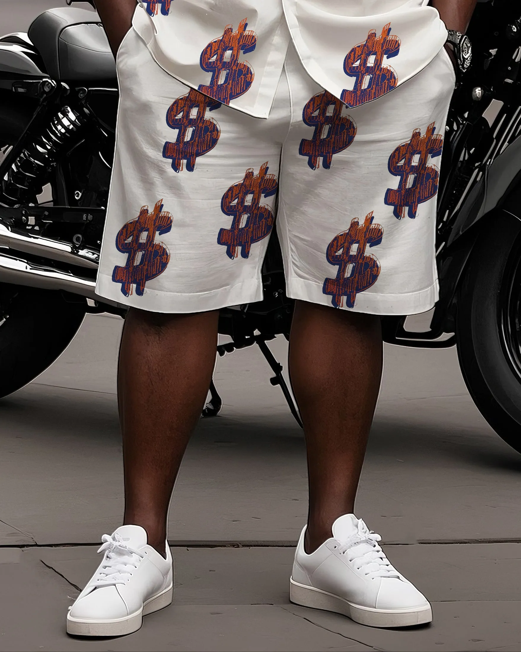 Big Man's Street Motorcycle Style Purple Creative Dollar Print White Short Sleeve Shirt Shorts Suit sold by Biggmans product image thumbnail 3