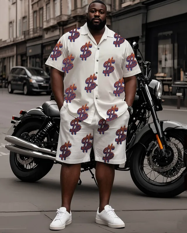 Big Man's Street Motorcycle Style Purple Creative Dollar Print White Short Sleeve Shirt Shorts Suit sold by Biggmans