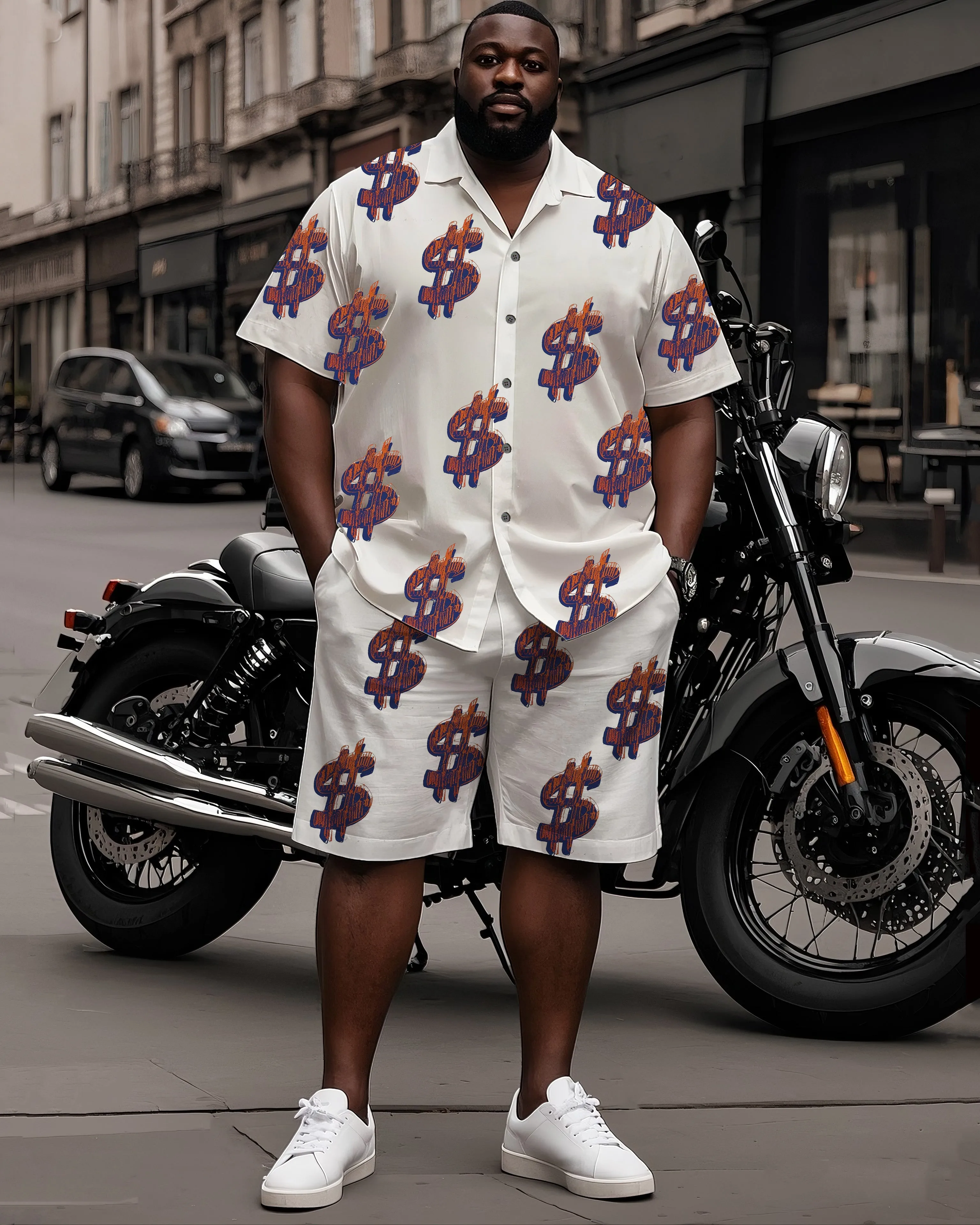Big Man's Street Motorcycle Style Purple Creative Dollar Print White Short Sleeve Shirt Shorts Suit sold by Biggmans