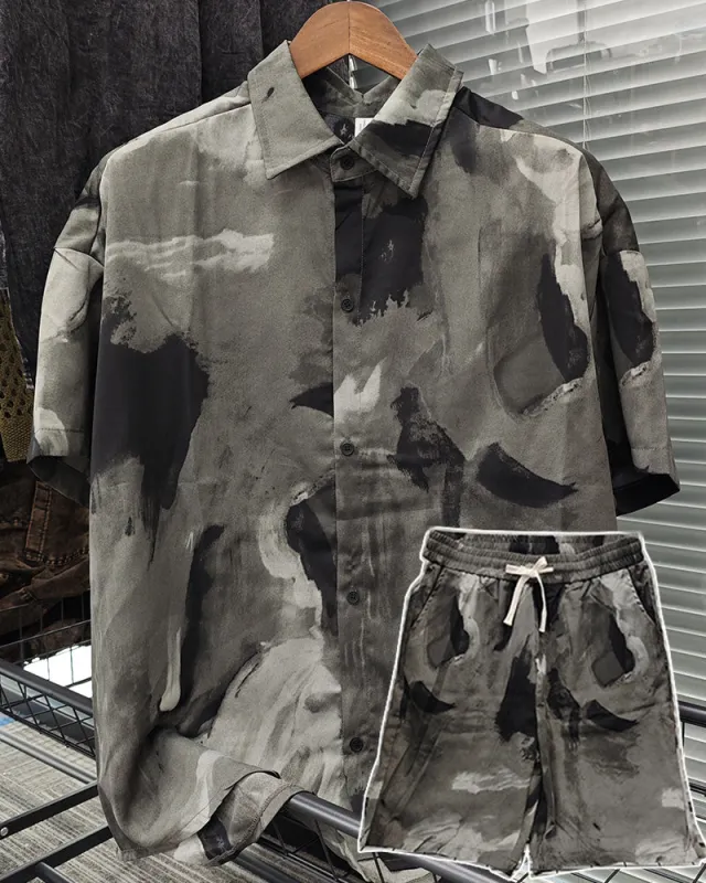 M-3XL Daily Casual L Gray Green Abstract Brush Print Shorts Suit sold by Biggmans