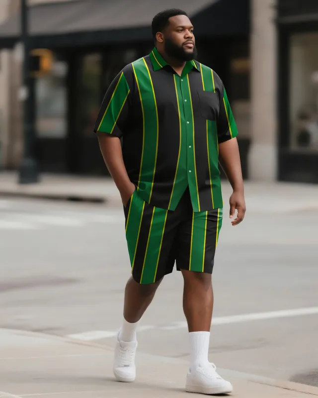 Big & Tall Men's Street Fashion Daily Casual Black Green Yellow Colorblock Striped Shirt Shorts Suit sold by Biggmans
