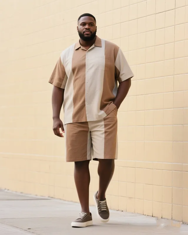 Big & Tall Men's Street Fashion Daily Casual Khaki Spelling Brown Striped Shirt Shorts Suit sold by Biggmans