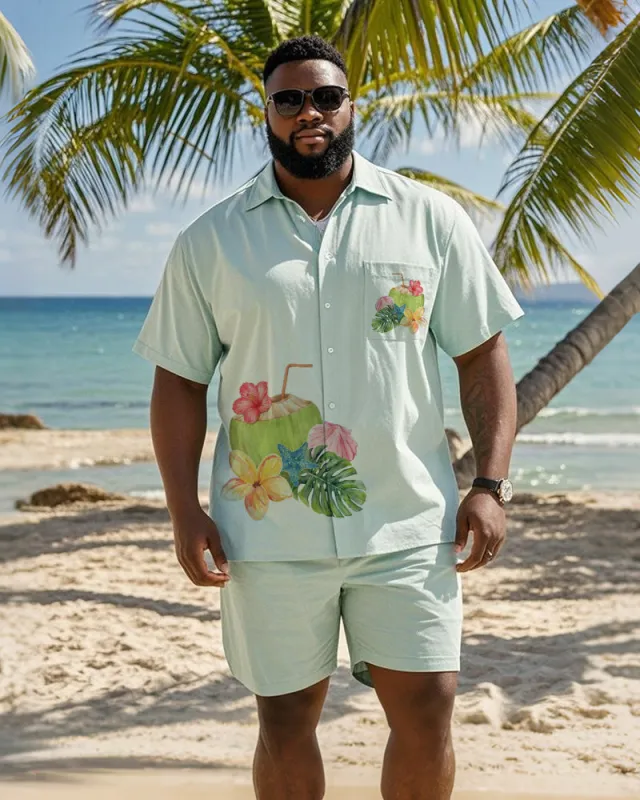 Big & Tall Men's Hawaiian Vacation Leaf Floral Print Pocket Shirt Shorts Suit made by Biggmans