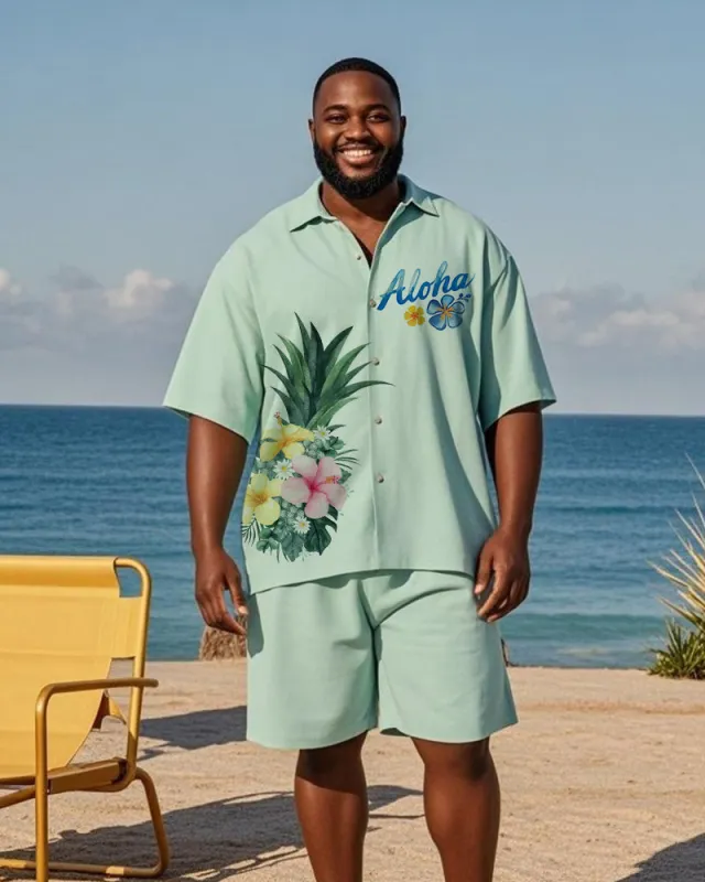 Big & Tall Men's Hawaiian Green Floral Alphabet Print Shirt Shorts Suit sold by Biggmans