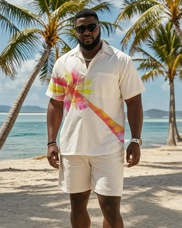 Big & Tall Men's Hawaiian Vacation Apricot Coconut Print Pocket Shirt Shorts Suit sold by Biggmans
