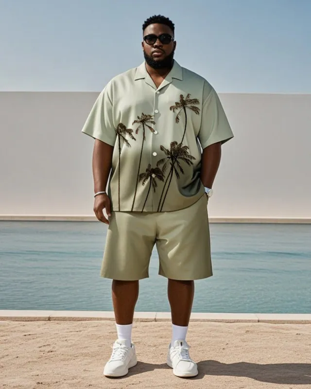 Big & Tall Men's Hawaiian Vacation Army Green Gradient Painting Coconut Tree Print Shirt Shorts Suit sold by Biggmans