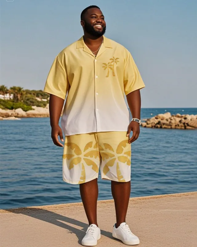 Big & Tall Men's Hawaiian Vacation Yellow Gradient Coconut Tree Print Shirt Shorts Suit sold by Biggmans