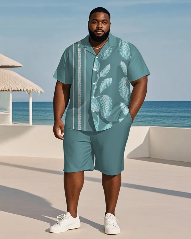 Big & Tall Men's Hawaiian Holiday Blue Striped Leaf Print Shirt Shorts Suit sold by Biggmans