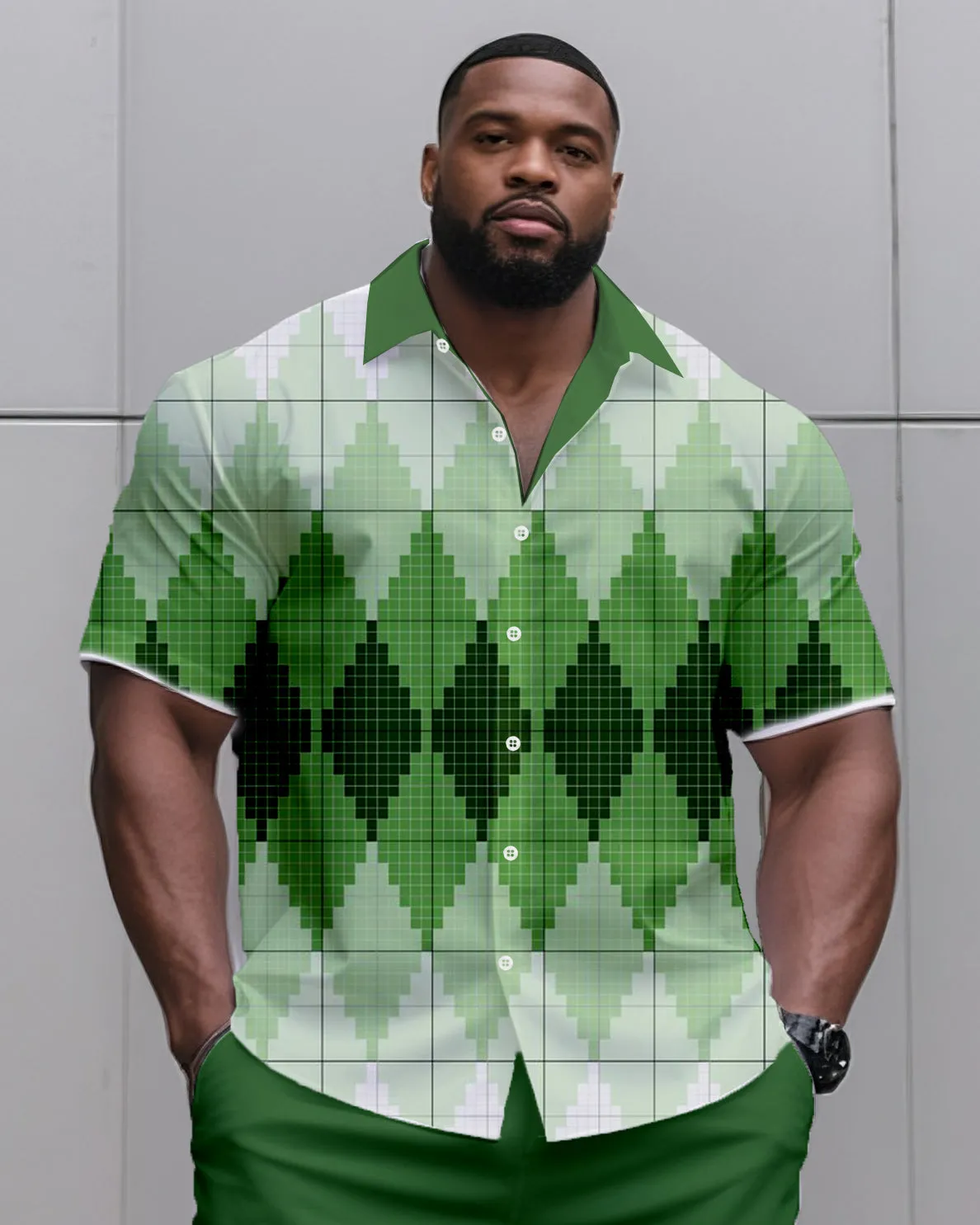 Big & Tall Men's Daily Leisure. Irregular Green Gradient Diamond Print Shirt Shorts Suit sold by Biggmans product image thumbnail 2