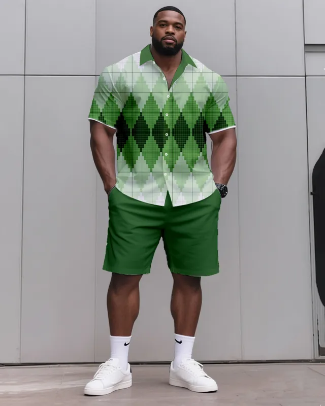 Big & Tall Men's Daily Leisure. Irregular Green Gradient Diamond Print Shirt Shorts Suit sold by Biggmans