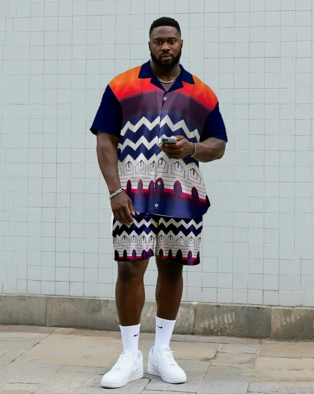 Big & Tall Men's Daily Leisure. Vintage Wave Striped Hierarchical Print Shirt Shorts Suit sold by Biggmans