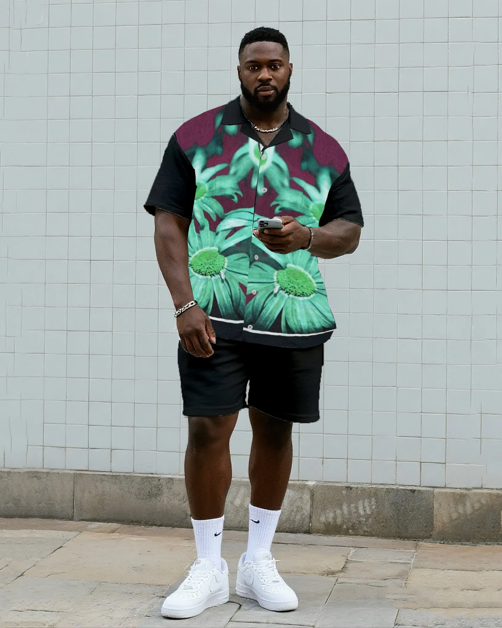 Big & Tall Men's Daily Leisure. Vintage Floral Gradient Shirt Shorts Suit sold by Biggmans
