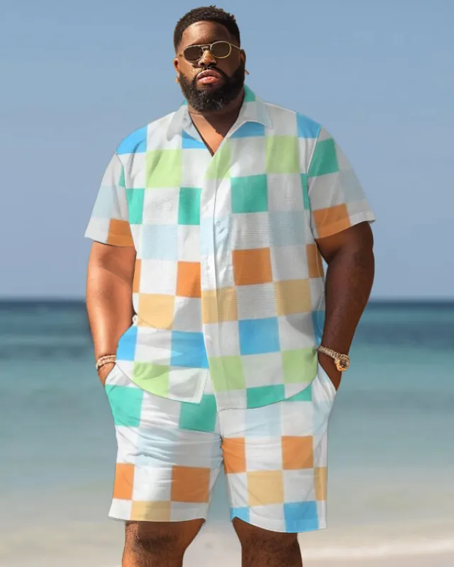 Men's Plus Size Hawaiian Colorful Block Print Shirt Shorts Suit sold by Biggmans