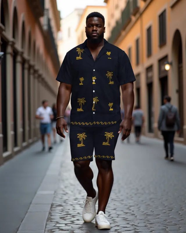 Men's Plus Size Hawaiian Fluorescent Black Coconut Casual Cuban Collar Short Sleeve Shirt Shorts Suit made by Biggmans