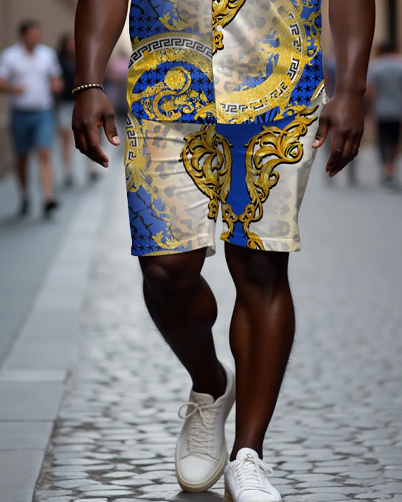 Men's Plus Size Baroque Luxury Leopard Print Blue Textured Casual Cuban Collar Short Sleeve Shirt Shorts Suit sold by Biggmans product image thumbnail 4