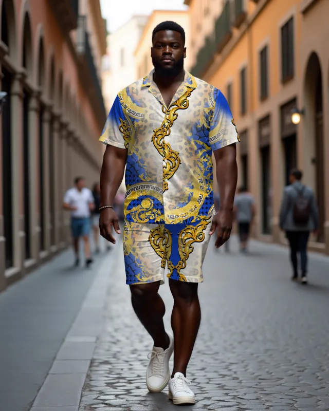 Men's Plus Size Baroque Luxury Leopard Print Blue Textured Casual Cuban Collar Short Sleeve Shirt Shorts Suit sold by Biggmans