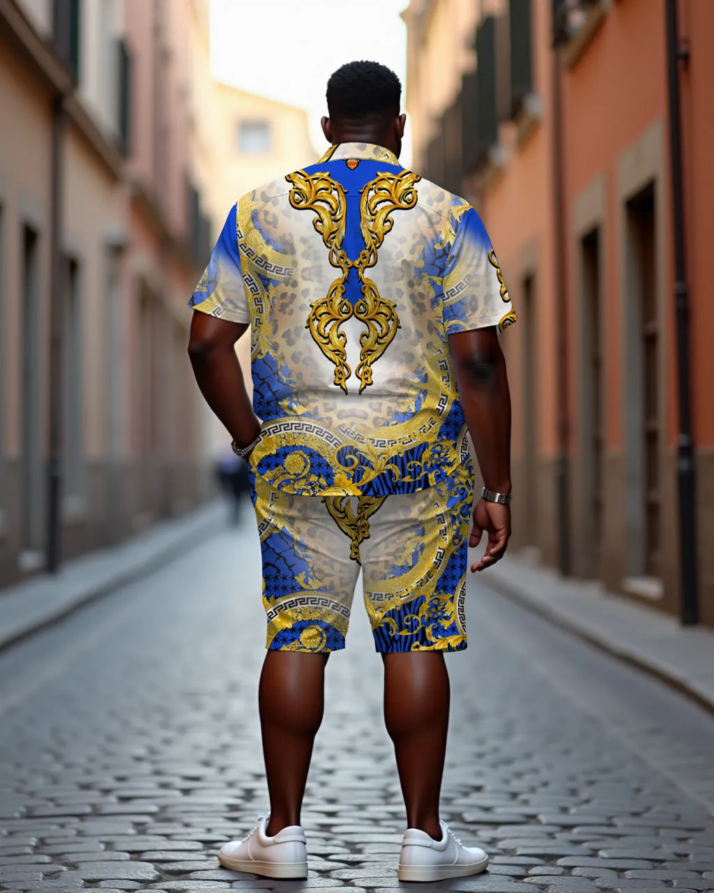 Men's Plus Size Baroque Luxury Leopard Print Blue Textured Casual Cuban Collar Short Sleeve Shirt Shorts Suit sold by Biggmans product image thumbnail 2