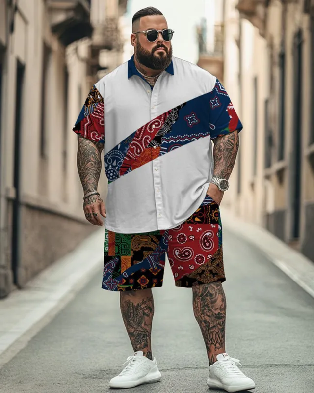 Men's Plus Size Street Fashion Paisley Colorblock Print Shirt Shorts Suit sold by Biggmans