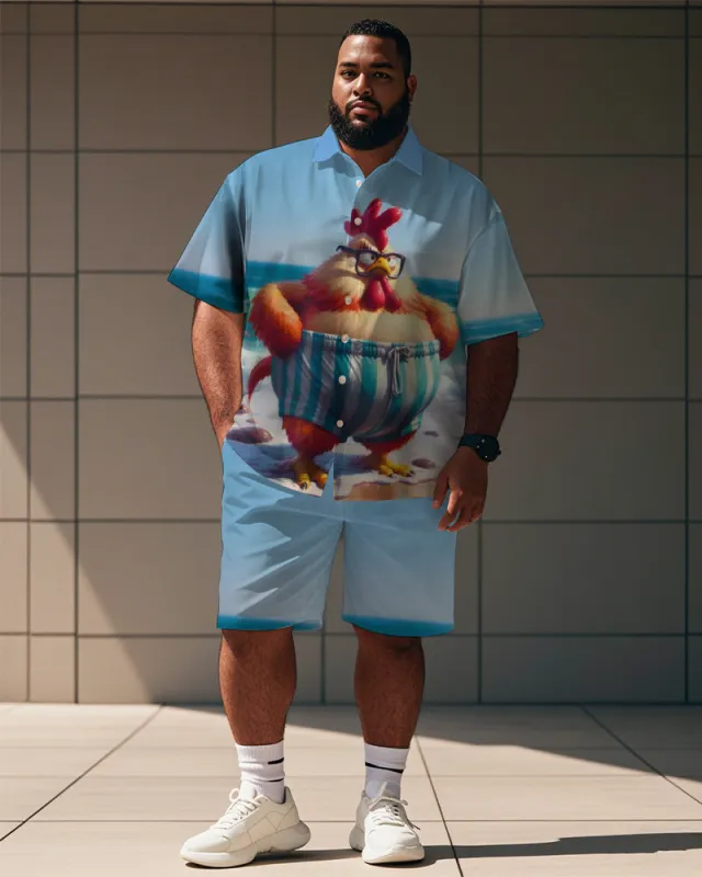 Men's Plus Size Street Fashion Blue Cartoon Fun Chick Print Shirt Shorts Suit sold by Biggmans