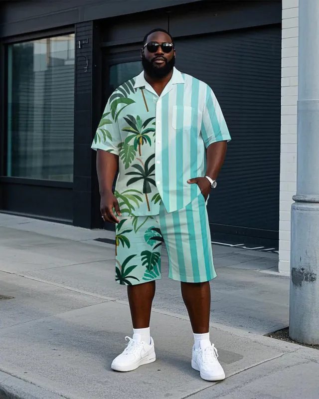 Big Men's Coconut Trees and Stripes Splicing Style Hawaiian Cuban Collar Short Sleeve Shirt Shorts Set sold by Biggmans