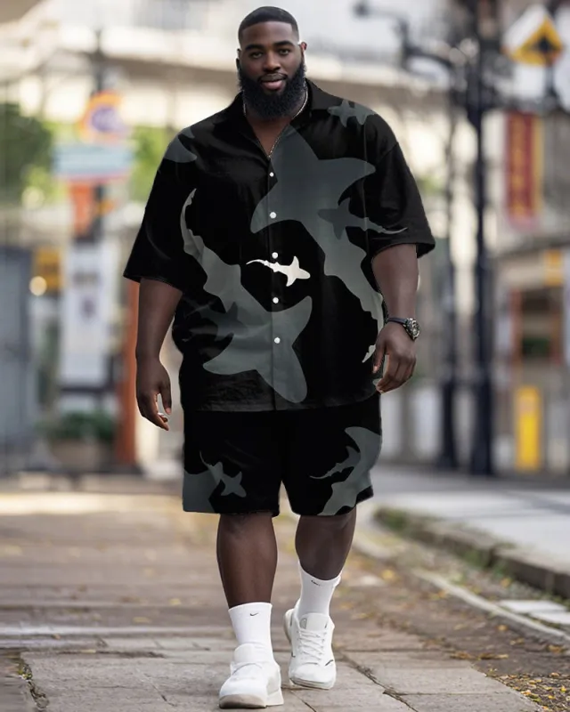 Men's Plus Size Hawaiian Shark Shadow Print Shirt Shorts Suit sold by Biggmans
