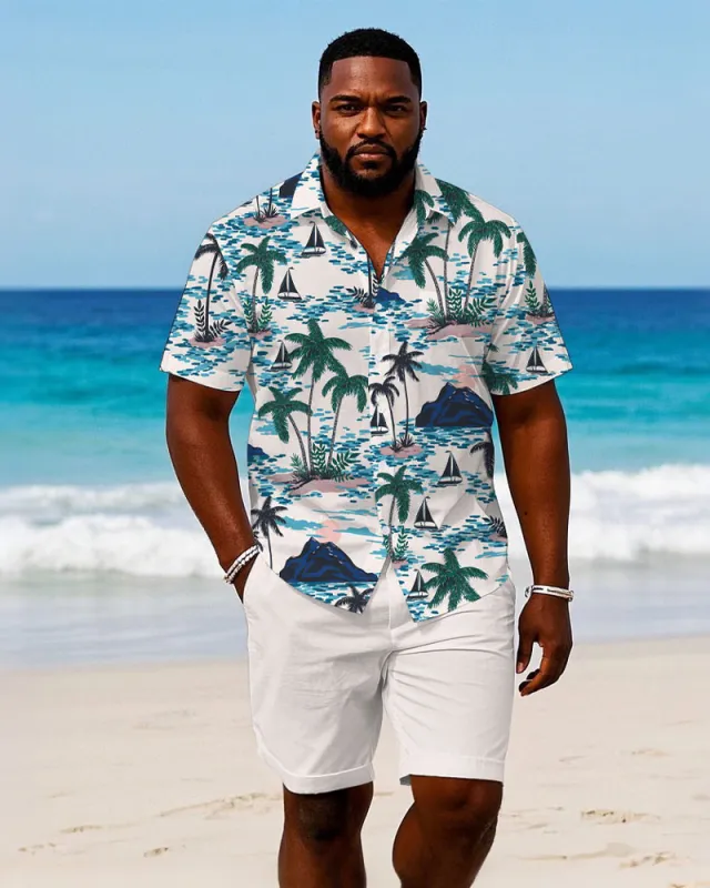 Men's Plus Size Hawaiian Coconut Tree Sailing Print White Shirt Shorts Suit sold by Biggmans