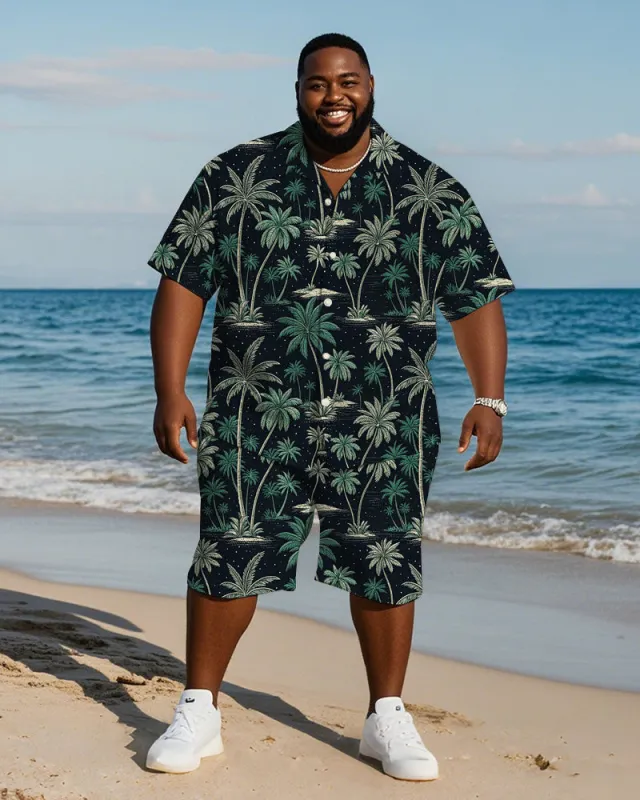 Men's Plus Size Hawaiian Hand Painted Black Green Coconut Tree Print Shirt Shorts Suit sold by Biggmans